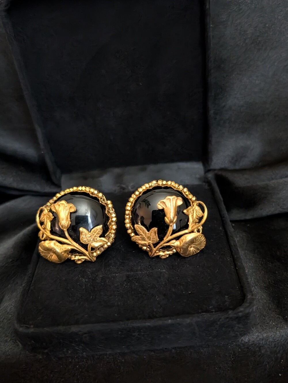 #87. Signed MMA Spectacular Clip Earrings in Gold & Jet Black Stone